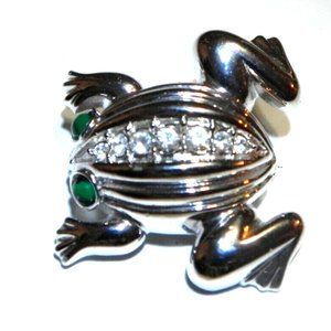 Estate Solid 925 Rhodium Plated Frog with Rhinestones and Green Eyes